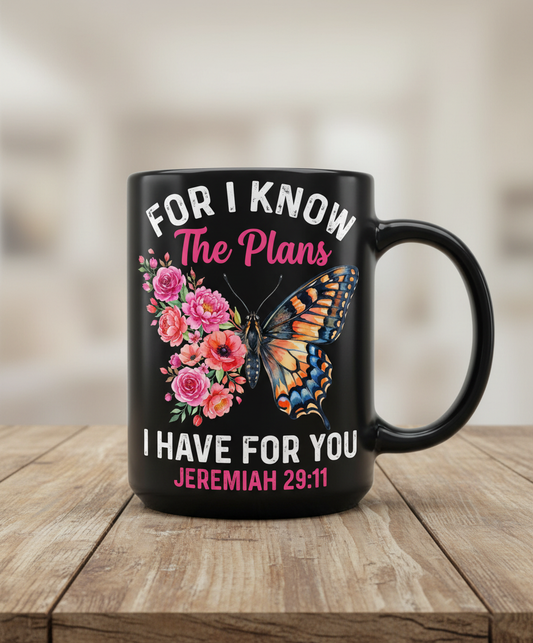 Jeremiah 29:11 Butterfly Floral Christian Verse Black Mug - Black