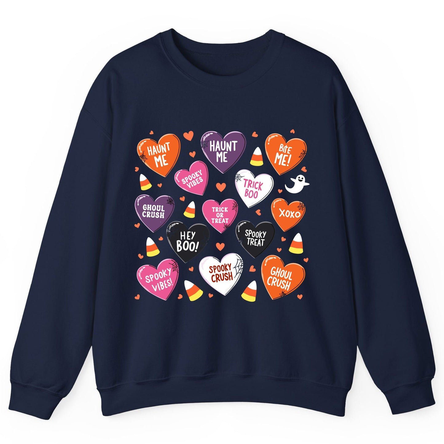 Spooky Halloween Conversation Hearts Halloween conversation hearts Sweatshirt Navy product mockup