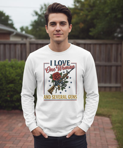 I LOVE One Woman AND Several GUNS Funny Pro-Gun Long Sleeve Tee - lifestyle model mockup - White