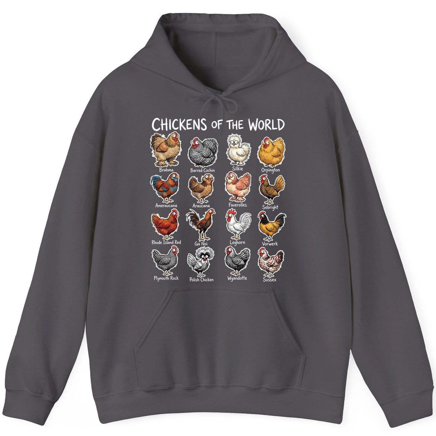 Chickens of the World chicken breeds Hoodie Charcoal product mockup
