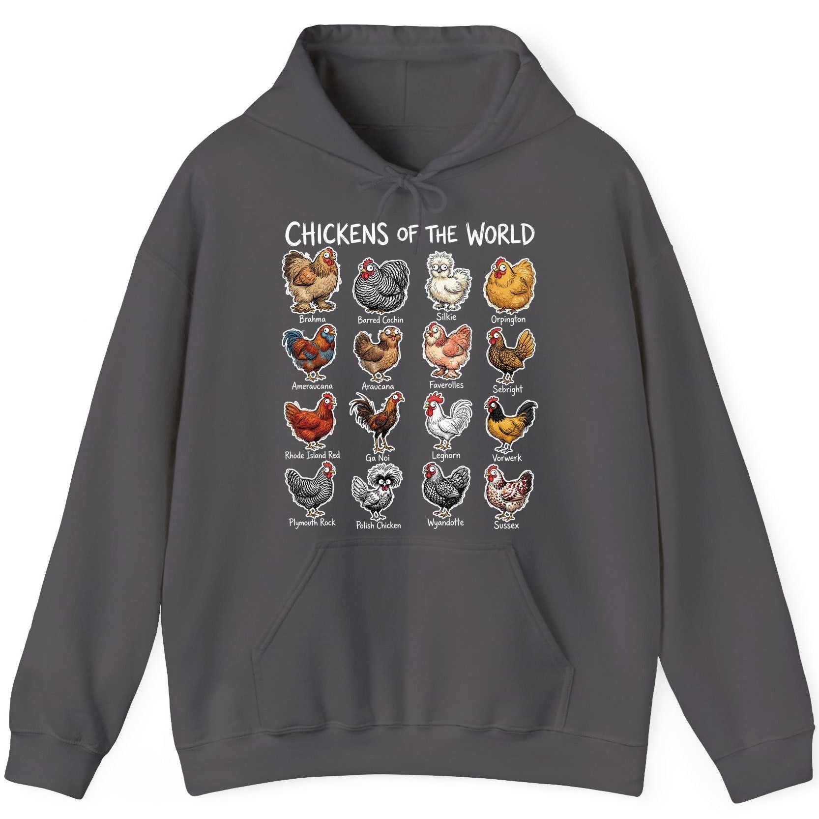 Chickens of the World chicken breeds Hoodie Charcoal product mockup