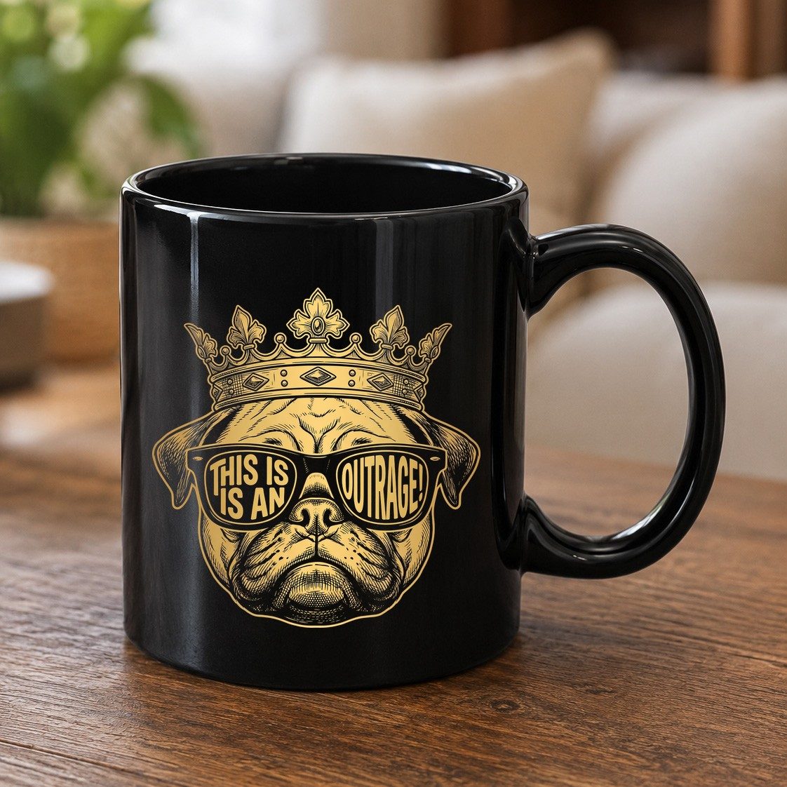 This Is An Outrage! Pug Black Mug Black product mockup