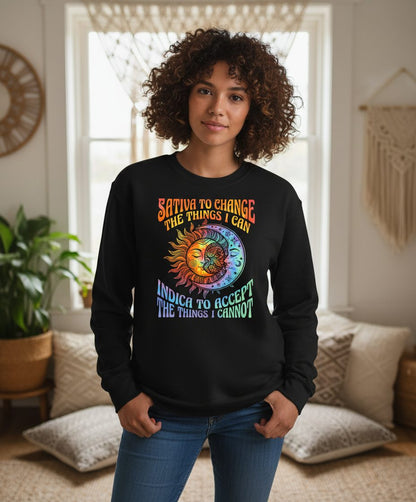 SATIVA TO CHANGE THE THINGS I CAN INDICA TO ACCEPT Sweatshirt - lifestyle model mockup - Black