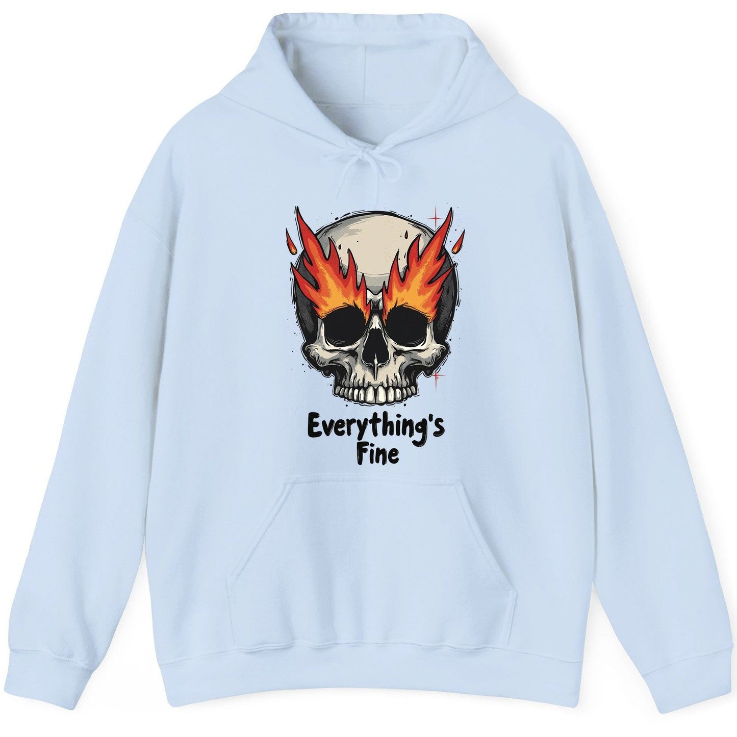 Everything's Fine flaming skull Hoodie Light Blue product mockup