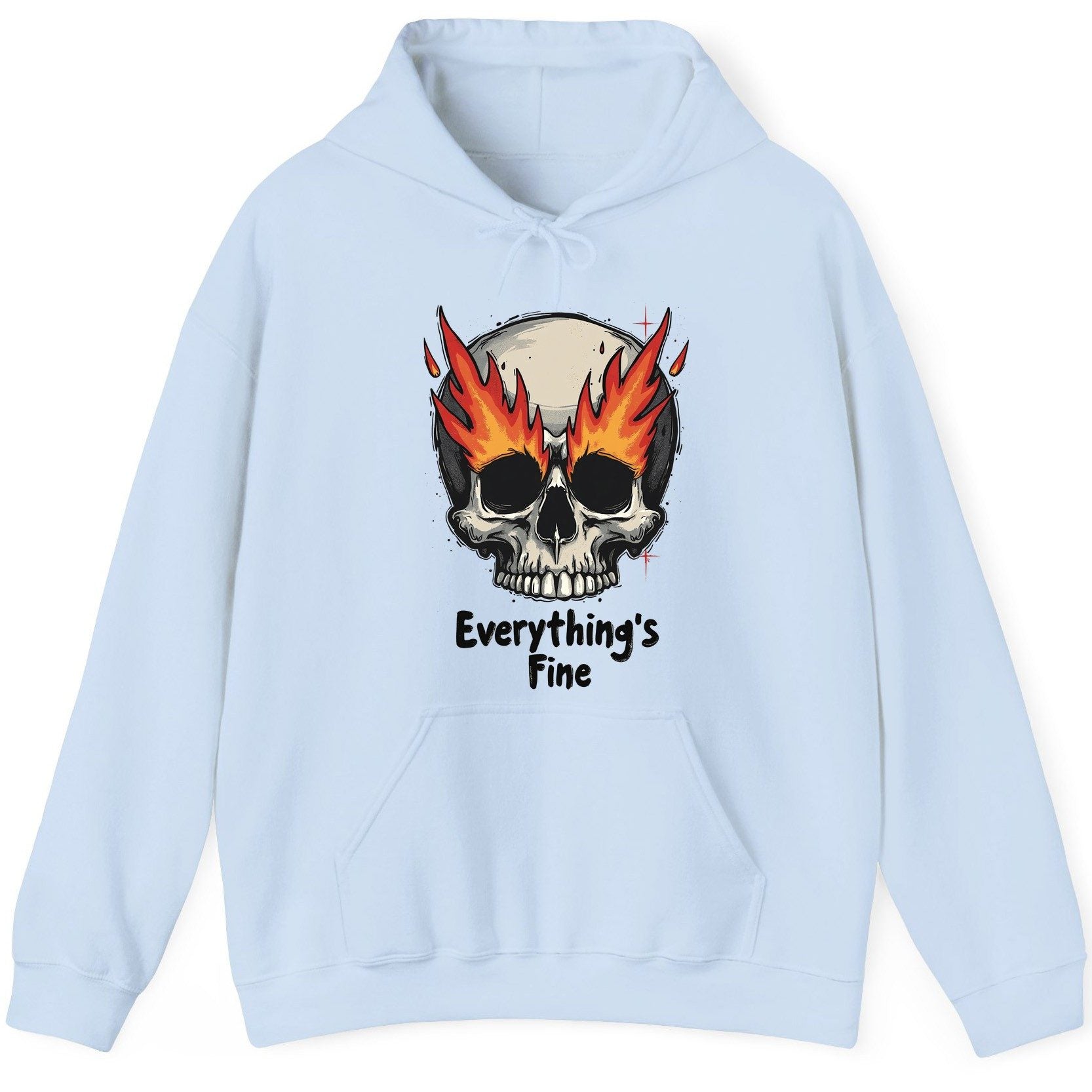 Everything's Fine flaming skull Hoodie Light Blue product mockup