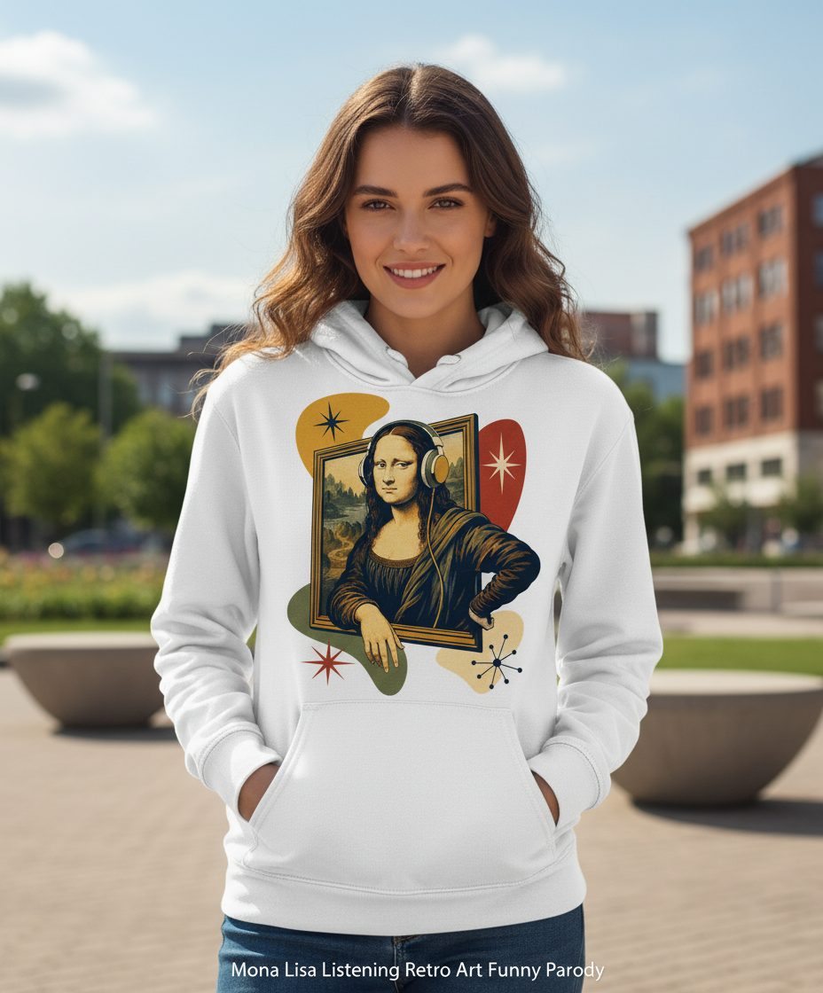 Mona Lisa Listening Retro Art Funny Parody Hoodie - lifestyle model mockup - White