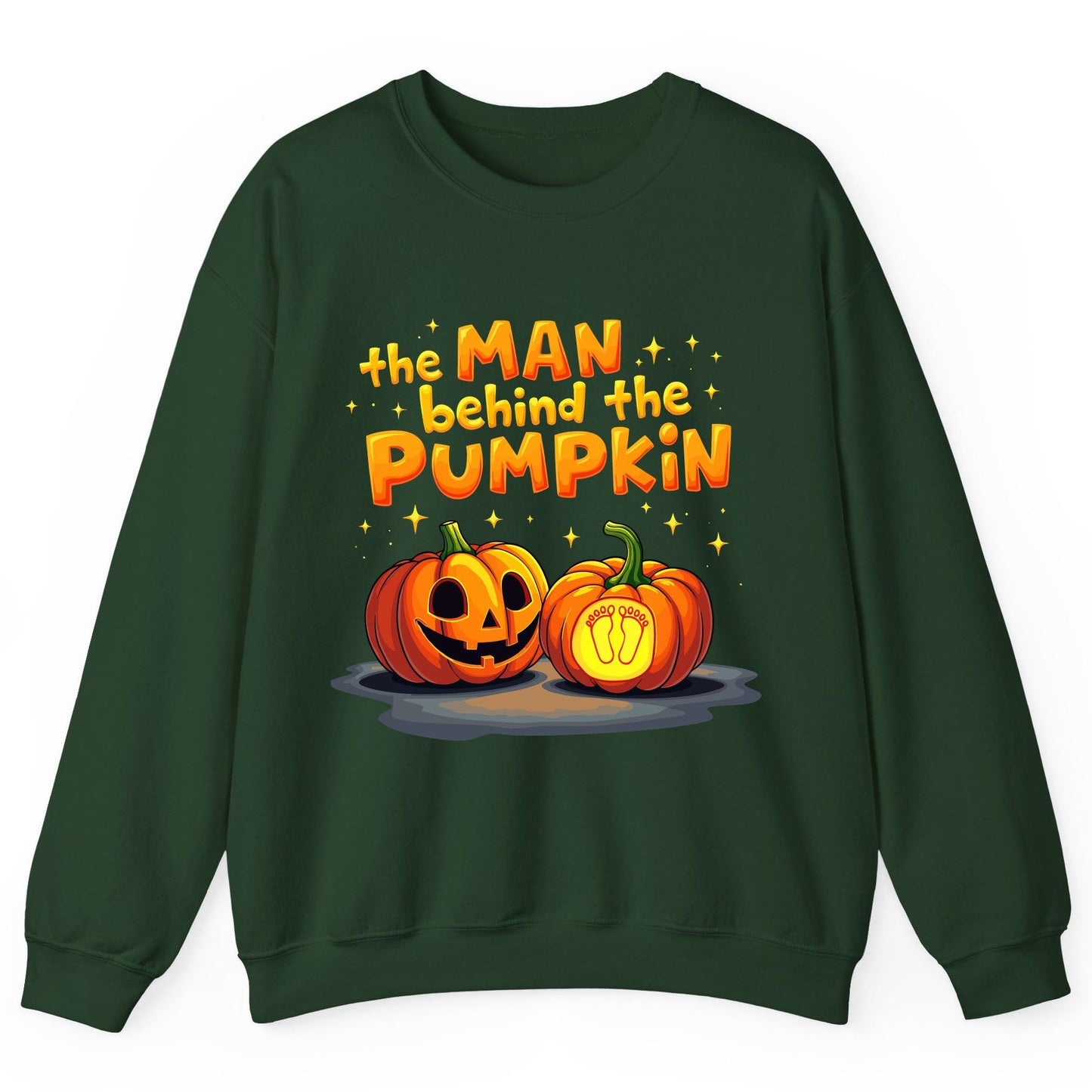 The Man Behind the Pumpkin Halloween pregnancy announcement Sweatshirt Forest Green product mockup