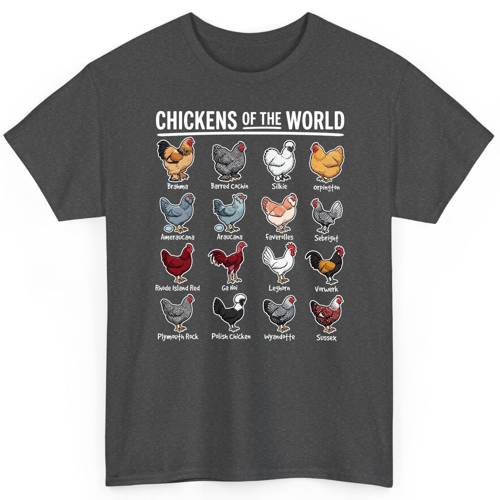 Chickens of the World chicken breeds T-Shirt Dark Heather product mockup