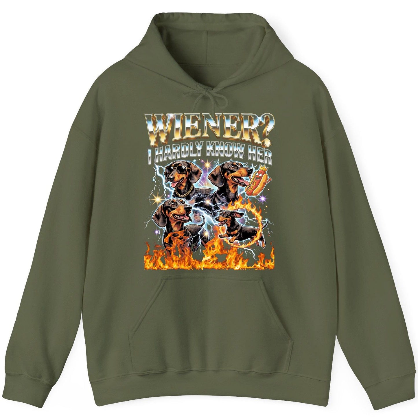 Wiener I Hardly Know Her dachshund Hoodie Military Green product mockup