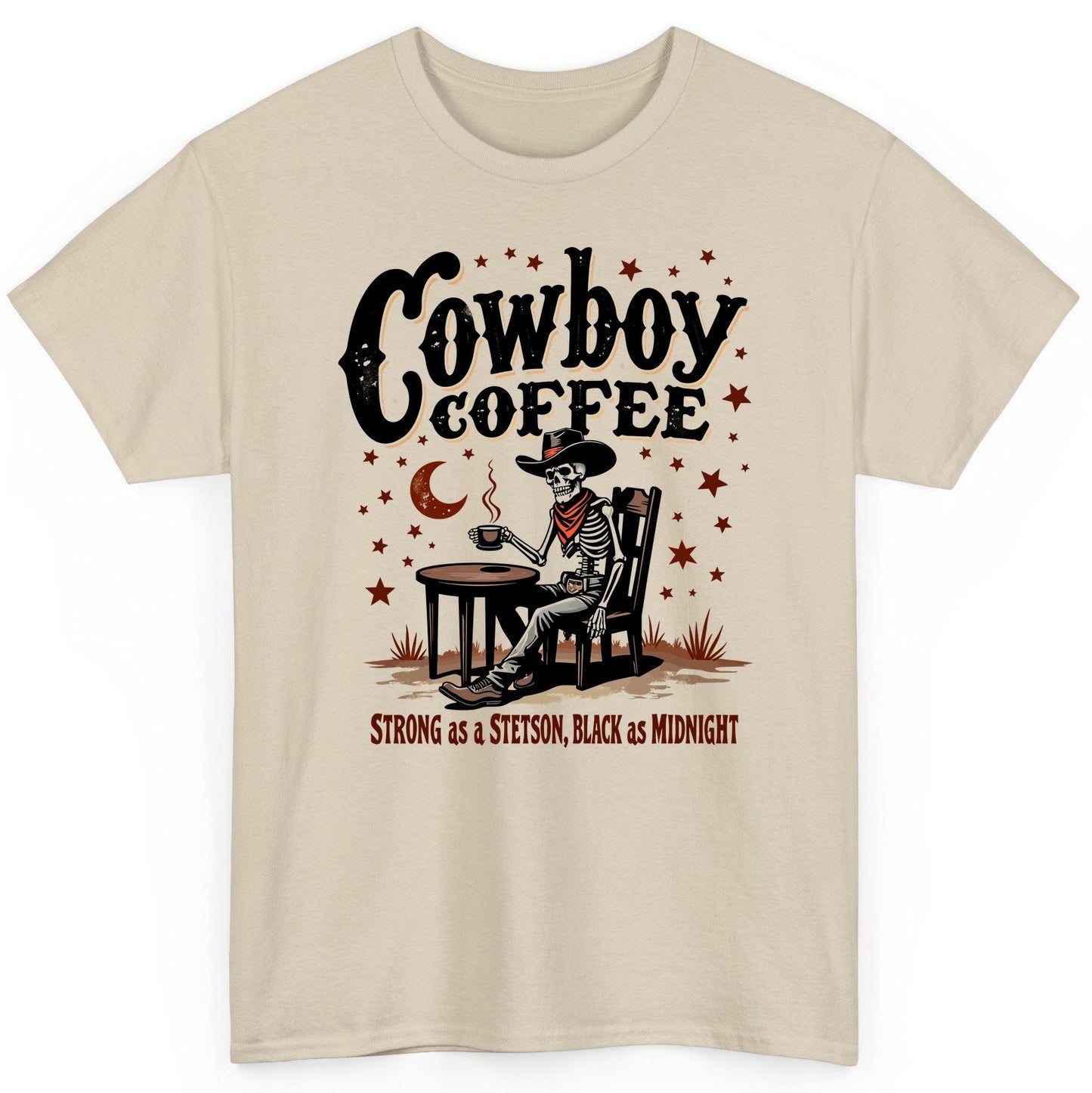 Cowboy Coffee Strong as a Stetson, Black as Midnight cowboy skeleton T-Shirt Sand product mockup