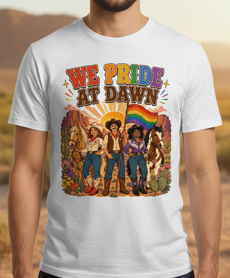 We Pride at Dawn Retro Lgbtq T-Shirt - product mockup - White
