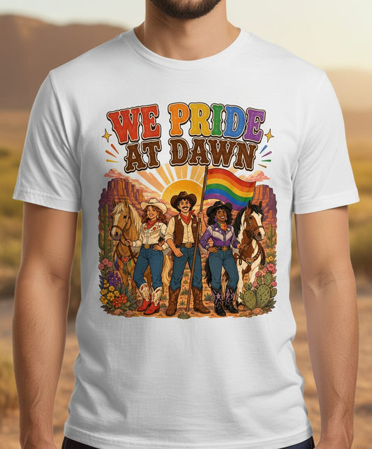 We Pride at Dawn Retro Lgbtq T-Shirt - product mockup - White