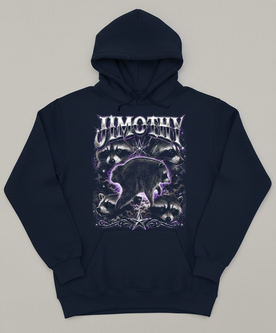 Jimothy Funny Raccoon Hoodie - product mockup - Navy