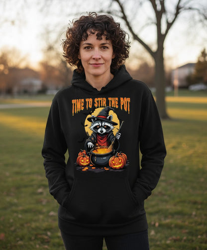 Time to Stir the Pot Halloween raccoon Hoodie Black lifestyle mockup