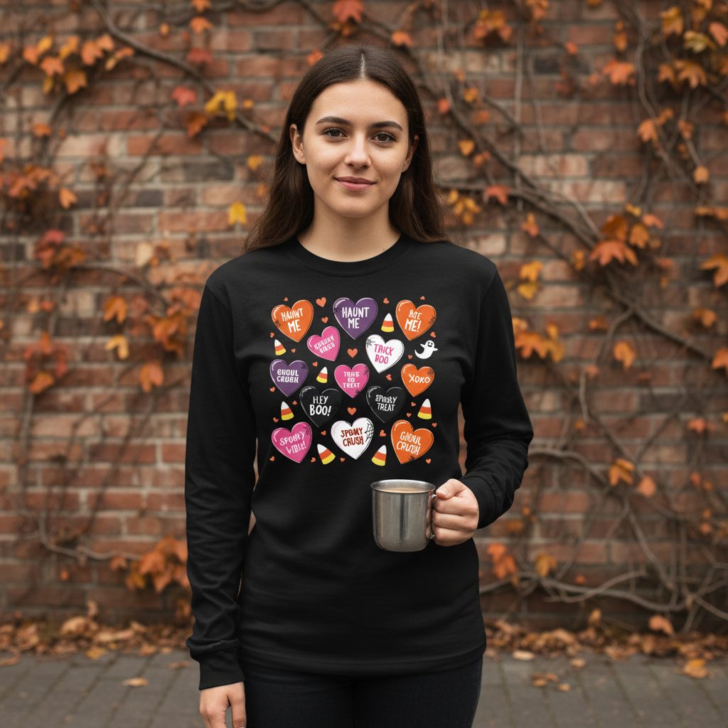Spooky Halloween Conversation Hearts Halloween conversation hearts Long Sleeve Tee Black lifestyle mockup