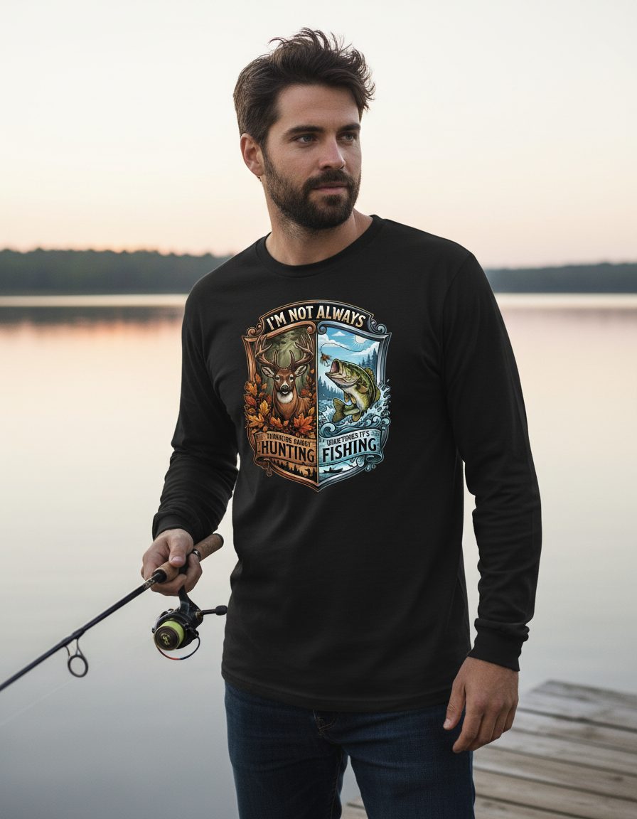 I'm Not Always Thinking About Hunting Sometimes It's Fishing hunting and fishing Long Sleeve Tee Black lifestyle mockup