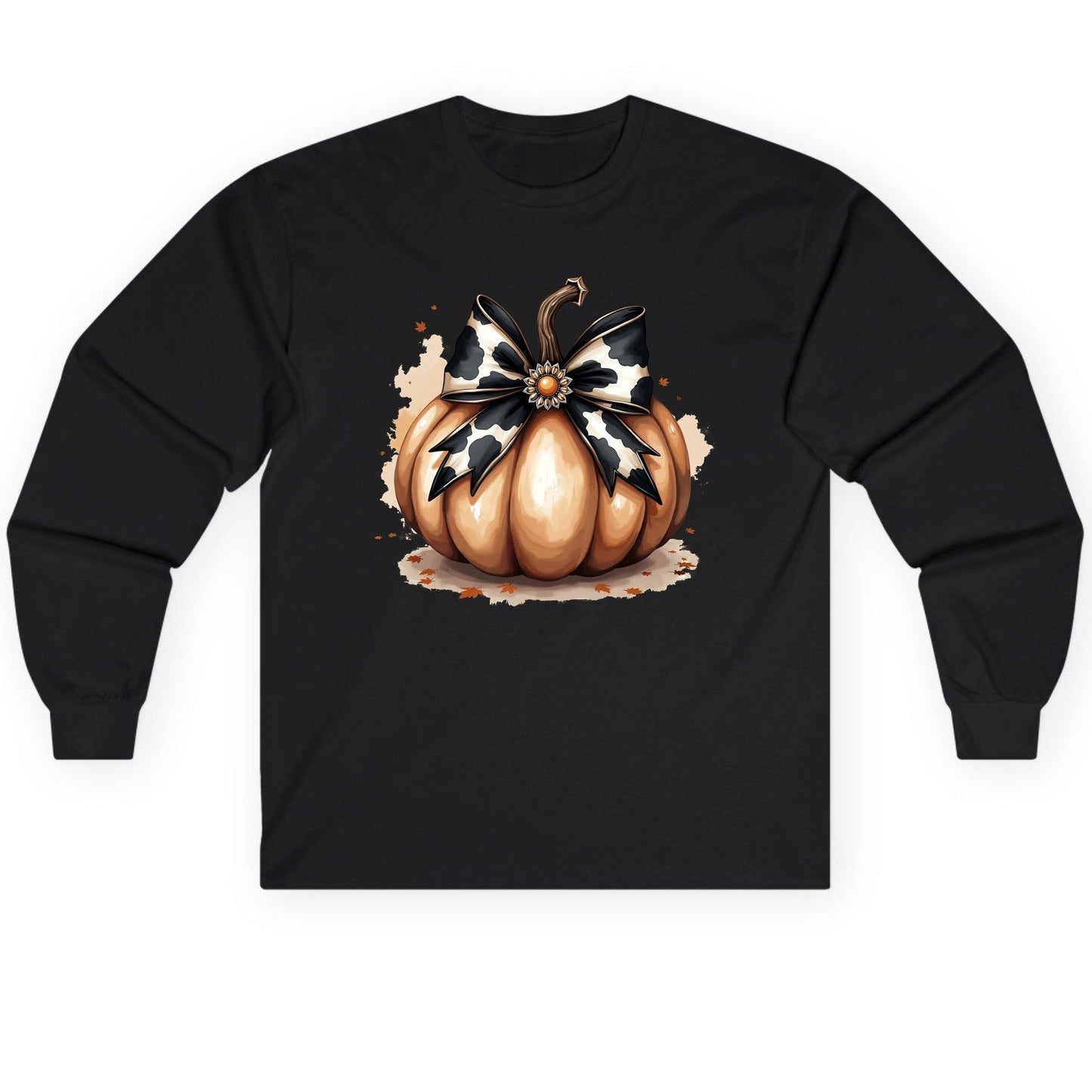 Cow Print Bow Pumpkin pumpkin Long Sleeve Tee Black product mockup