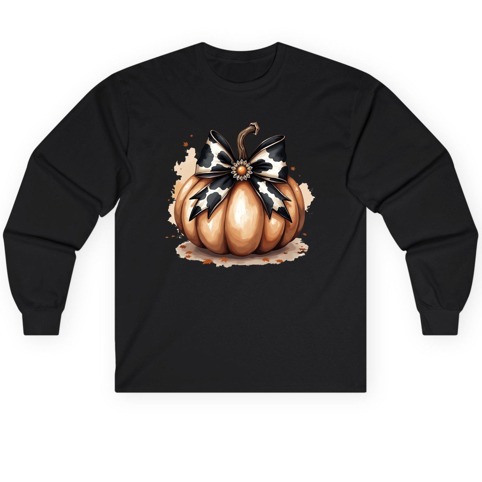 Cow Print Bow Pumpkin pumpkin Long Sleeve Tee Black product mockup