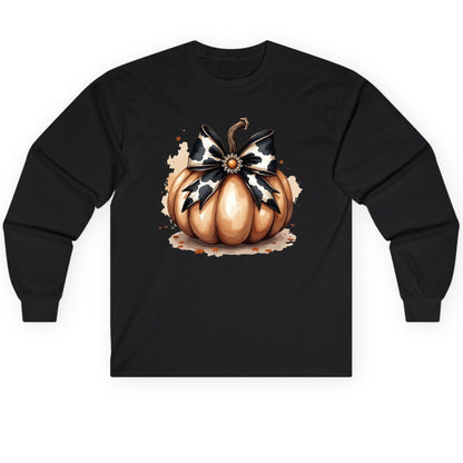 Cow Print Bow Pumpkin pumpkin Long Sleeve Tee Black product mockup