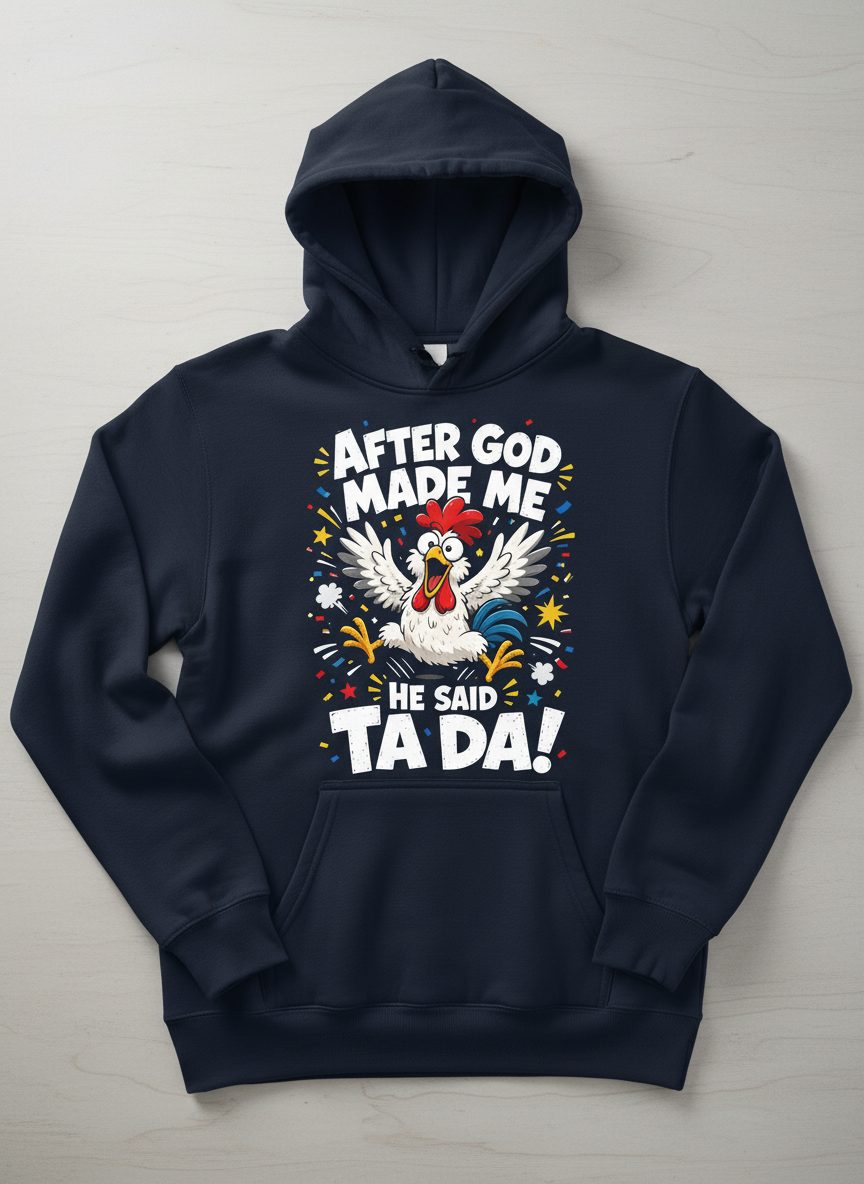 After God Made Me He Said Ta Da Funny Rooster Hoodie - product mockup - Navy