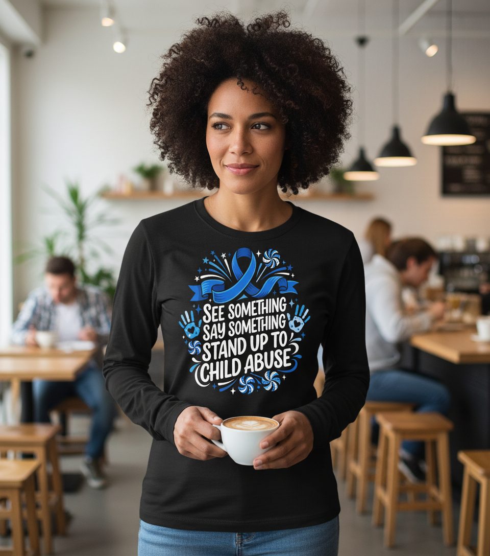 See Something Say Something Stand Up to Child Abuse Long Sleeve Tee - lifestyle model mockup - Black