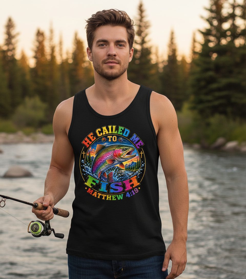 HE CALLED ME TO FISH Matthew 4 19 Christian Fishing Tank Top - lifestyle model mockup - Black