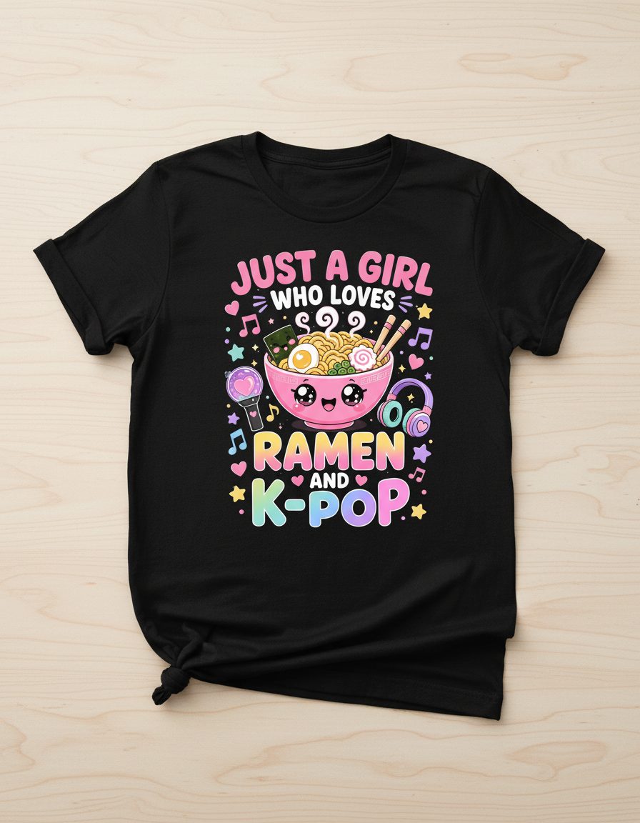 Just a Girl Who Loves Ramen and K-Pop K-Pop Fans T-Shirt - product mockup - Black