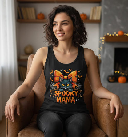 Spooky Mama black cat Tank Top Black lifestyle mockup