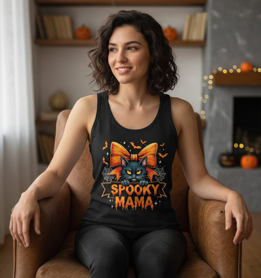 Spooky Mama black cat Tank Top Black lifestyle mockup