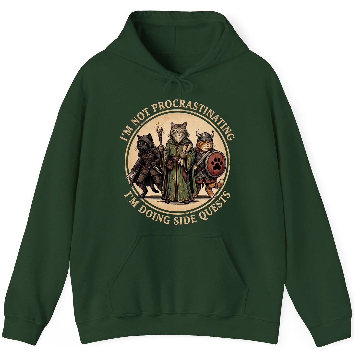 I'm Not Procrastinating I'm Doing Side Quests rpg cats Hoodie Forest Green product mockup