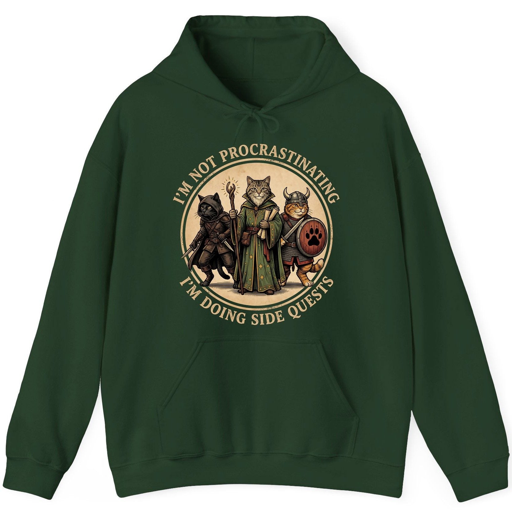 I'm Not Procrastinating I'm Doing Side Quests rpg cats Hoodie Forest Green product mockup