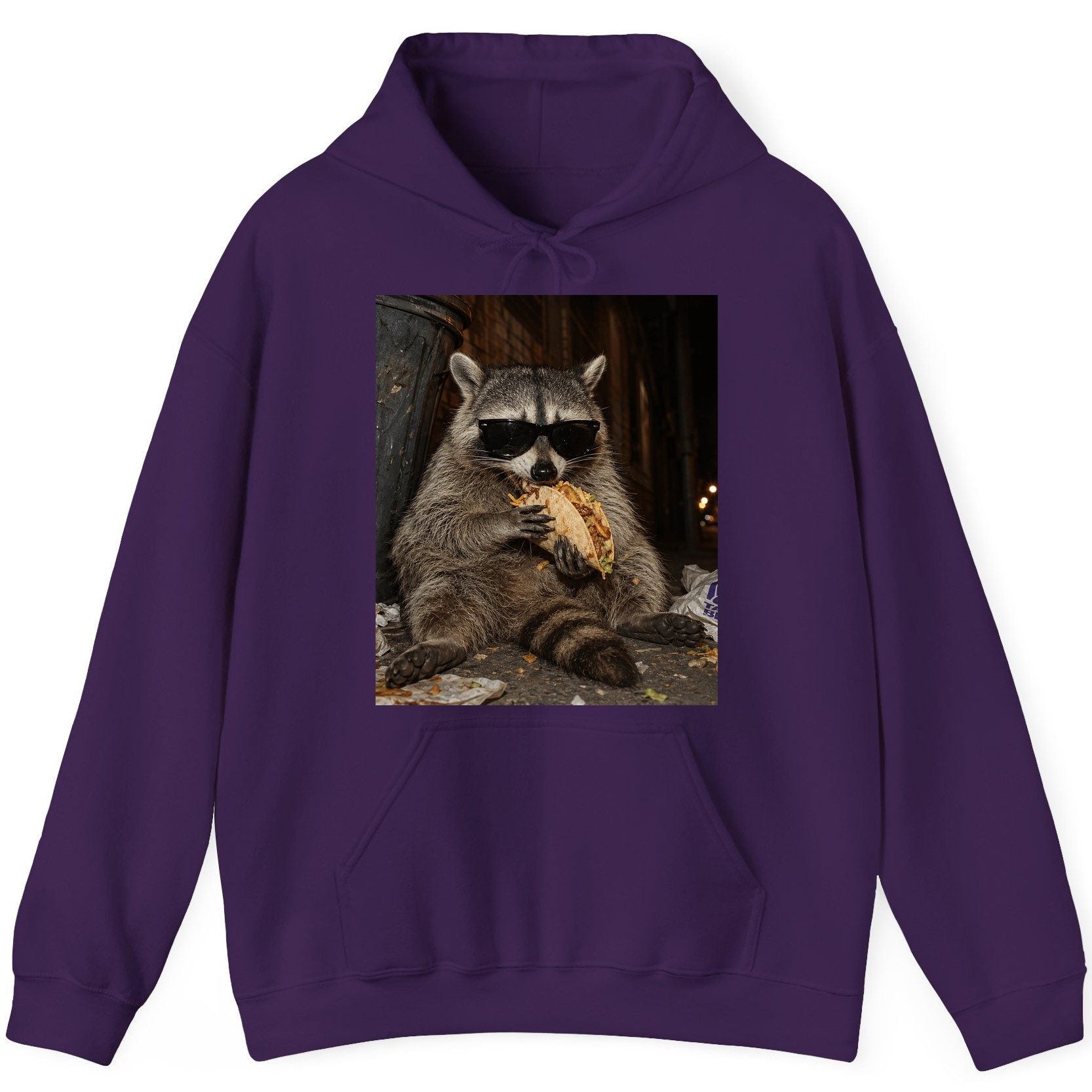 Raccoon Eating Taco Funny Animal Lovers Hoodie - product mockup - Purple