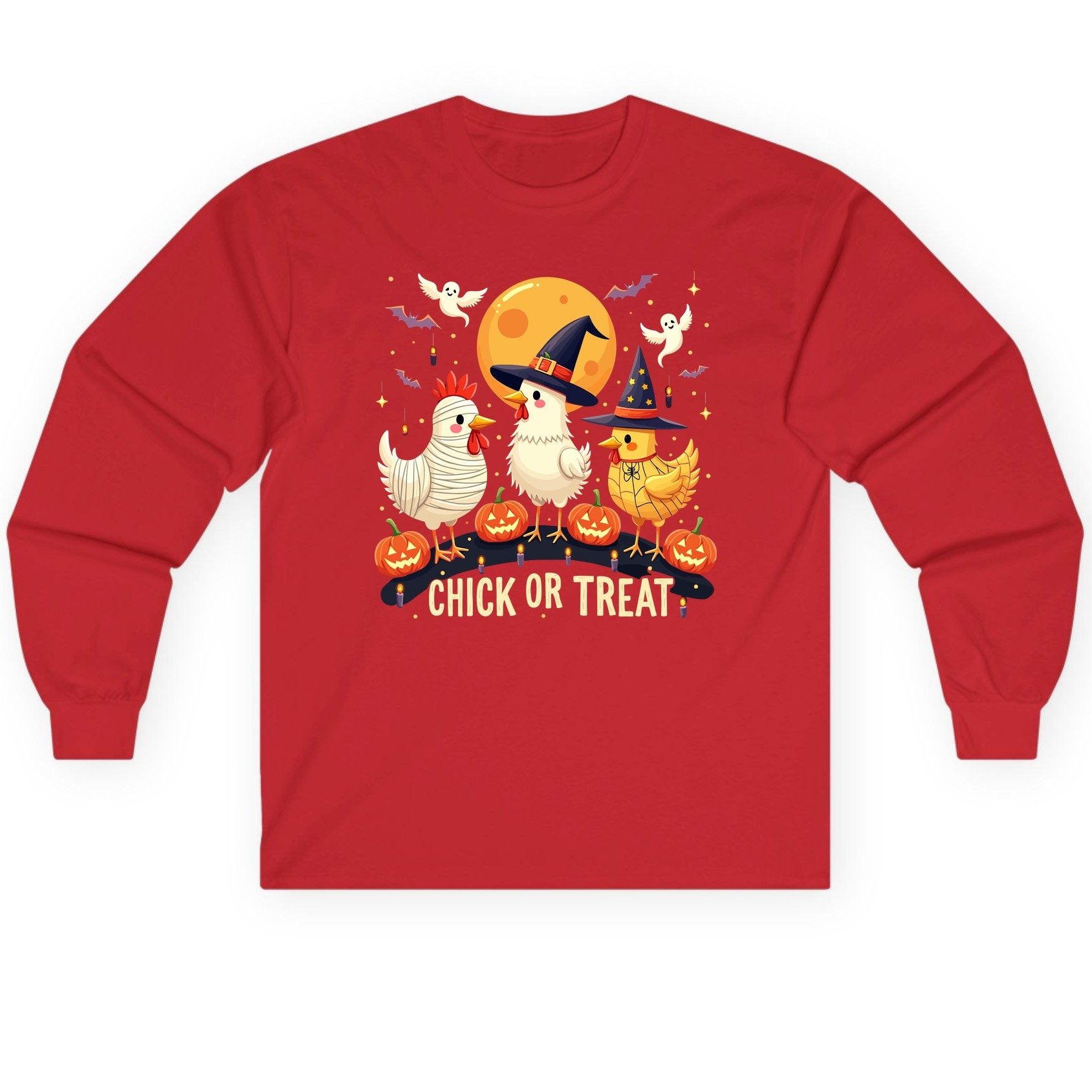 Chick or Treat Halloween chickens Long Sleeve Tee Red product mockup
