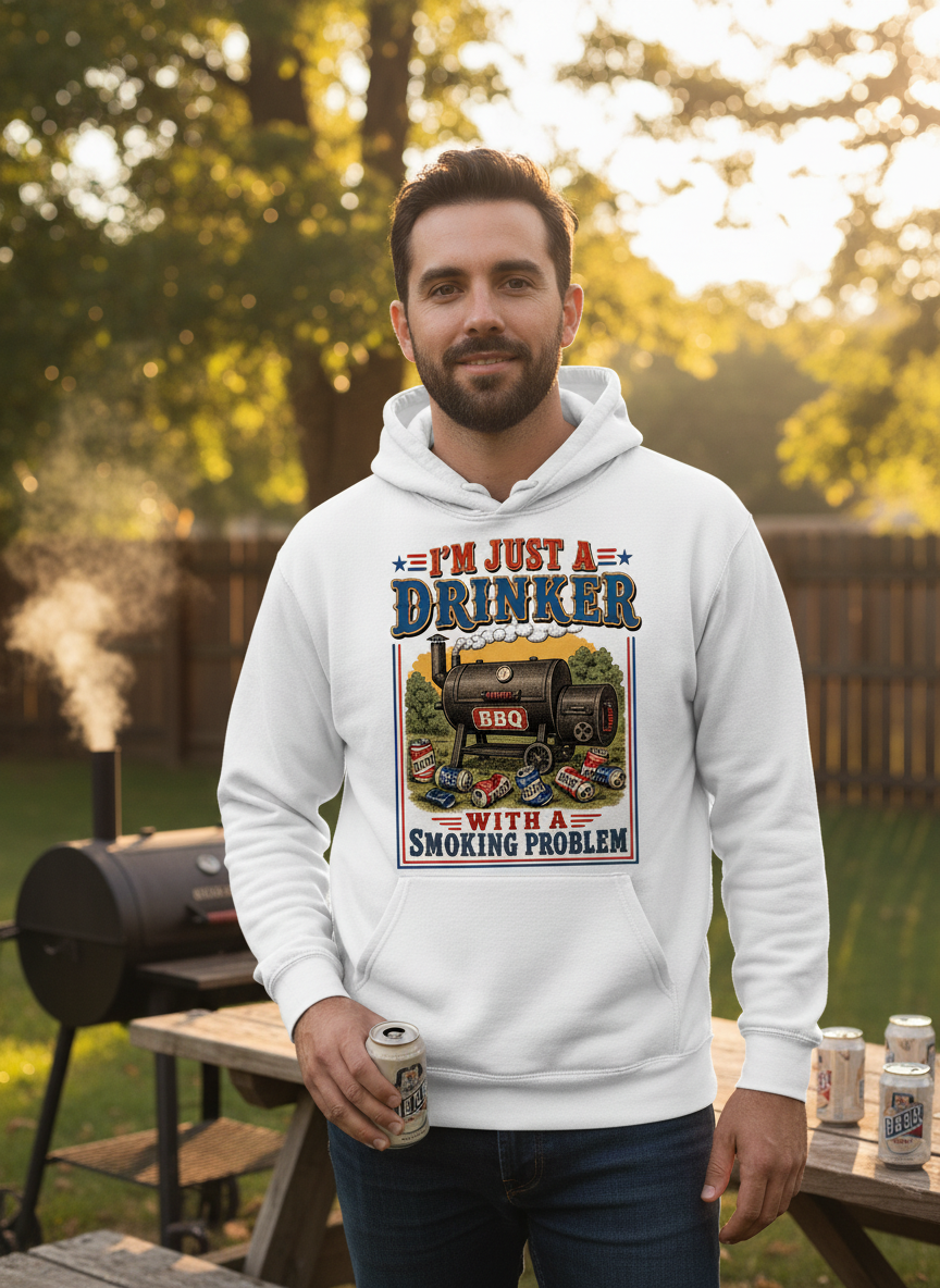 I'M JUST A DRINKER WITH A SMOKING PROBLEM Funny Drinker With A Smoking Problem BBQ Hoodie - lifestyle model mockup - White