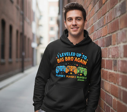I Leveled UP TO BIG BRO AGAIN Brother Announcement Hoodie - lifestyle model mockup - Black