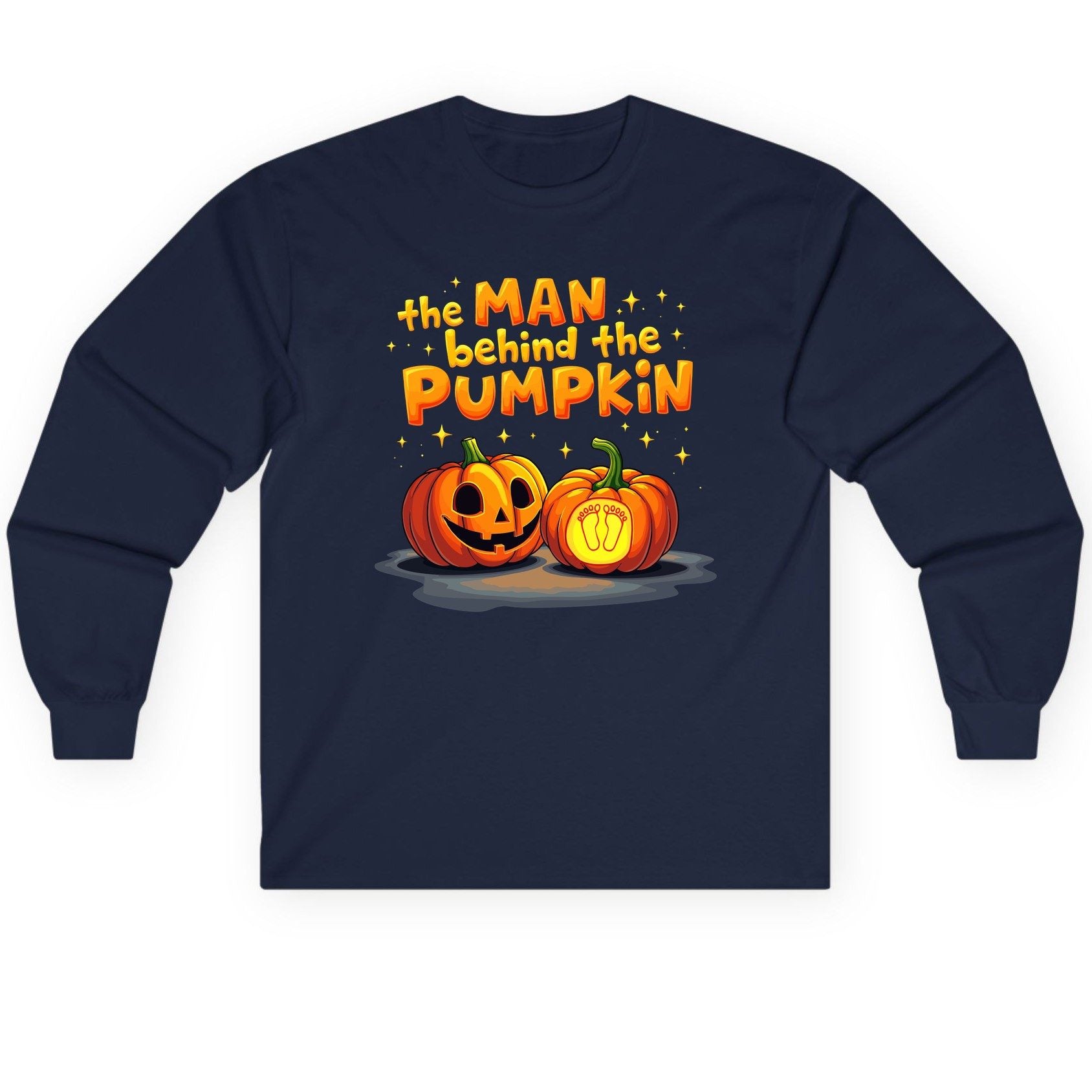 The Man Behind the Pumpkin Halloween pregnancy announcement Long Sleeve Tee Navy product mockup