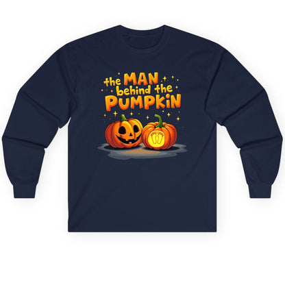 The Man Behind the Pumpkin Halloween pregnancy announcement Long Sleeve Tee Navy product mockup