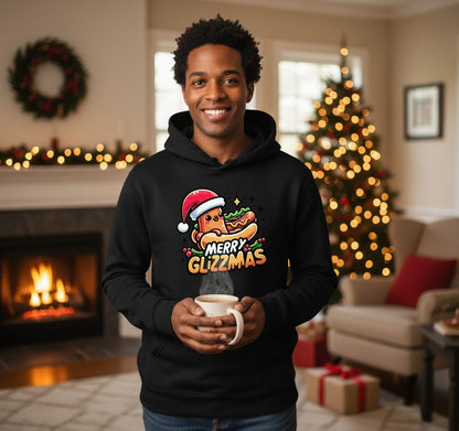Merry Glizzmas hot dog Hoodie Black lifestyle mockup