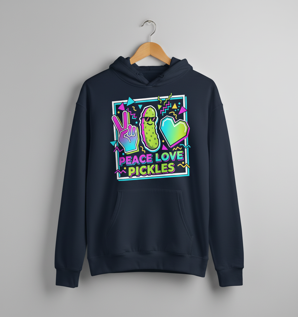 Peace Love Pickles Retro 80s 90s Style Design Hoodie - Navy