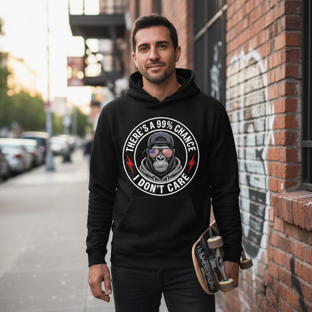 There's a 99% Chance I Don't Care sarcastic gorilla Hoodie Black lifestyle mockup