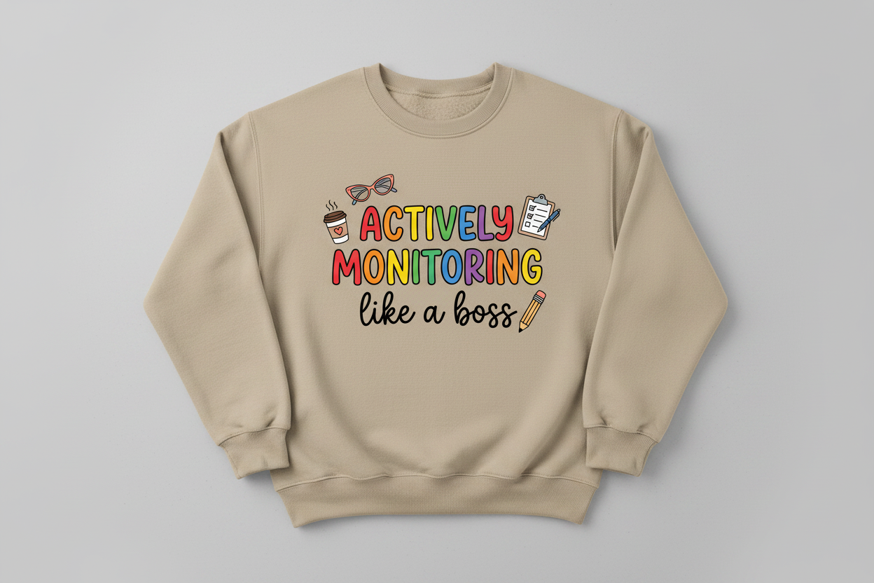 Actively Monitoring Teacher Rainbow Text Design Sweatshirt - Sand