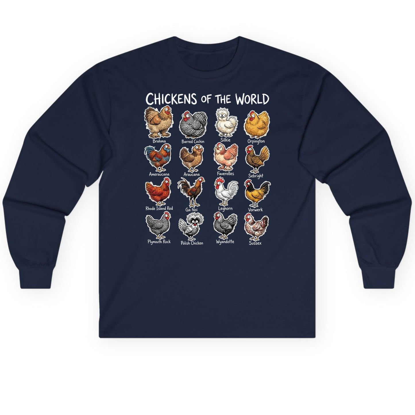 Chickens of the World chicken breeds Long Sleeve Tee Navy product mockup