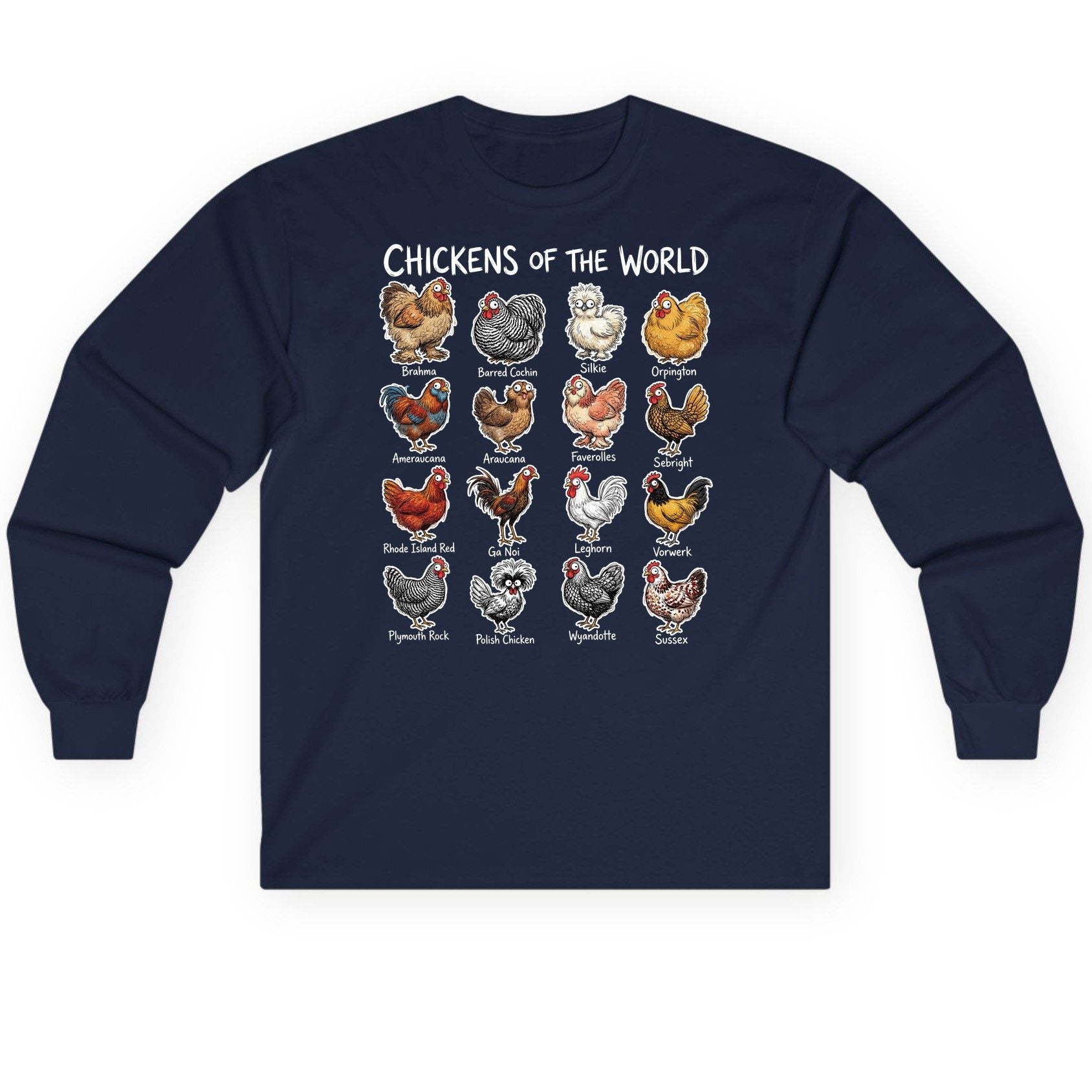 Chickens of the World chicken breeds Long Sleeve Tee Navy product mockup
