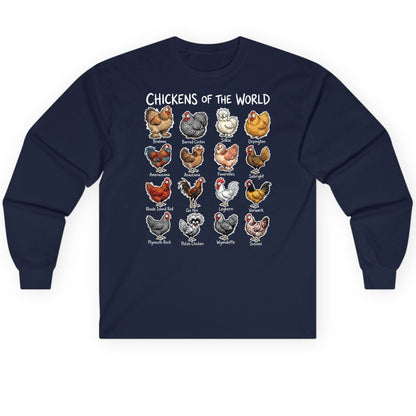 Chickens of the World chicken breeds Long Sleeve Tee Navy product mockup