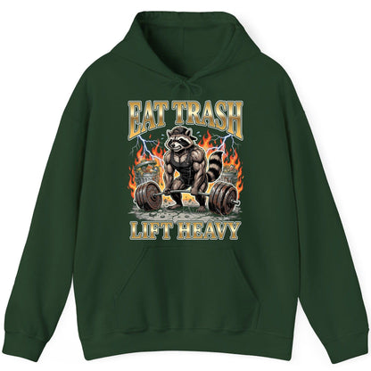 Eat Trash Lift Heavy weightlifting raccoon Hoodie Forest Green product mockup
