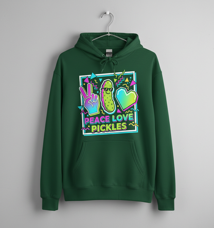 Peace Love Pickles Retro 80s 90s Style Design Hoodie - Forest Green