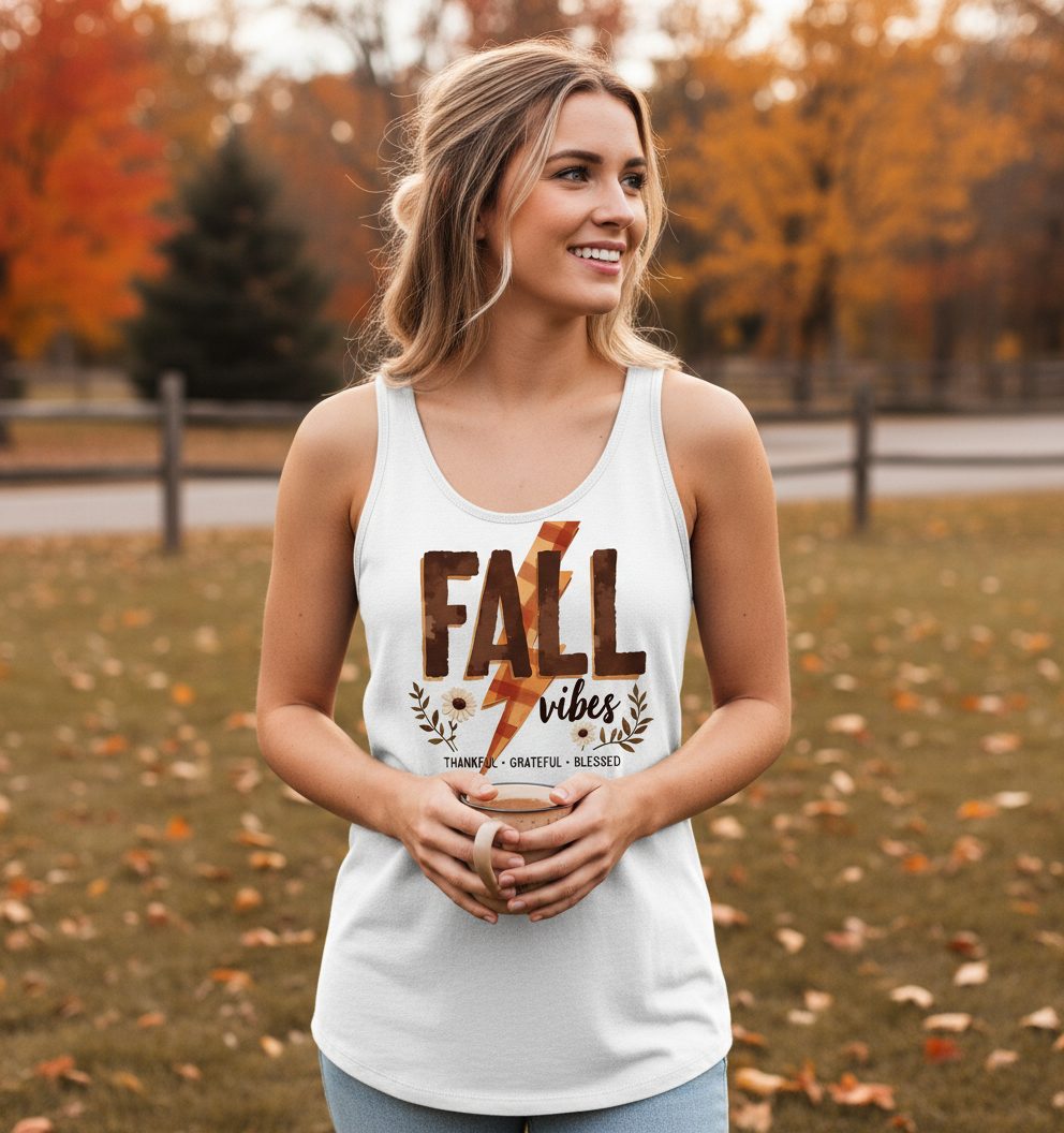 Fall Vibes Thankful Grateful Blessed autumn Tank Top White lifestyle mockup