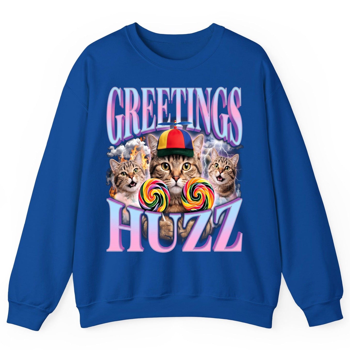 Greetings Huzz Funny Cats Sweatshirt - product mockup - Royal
