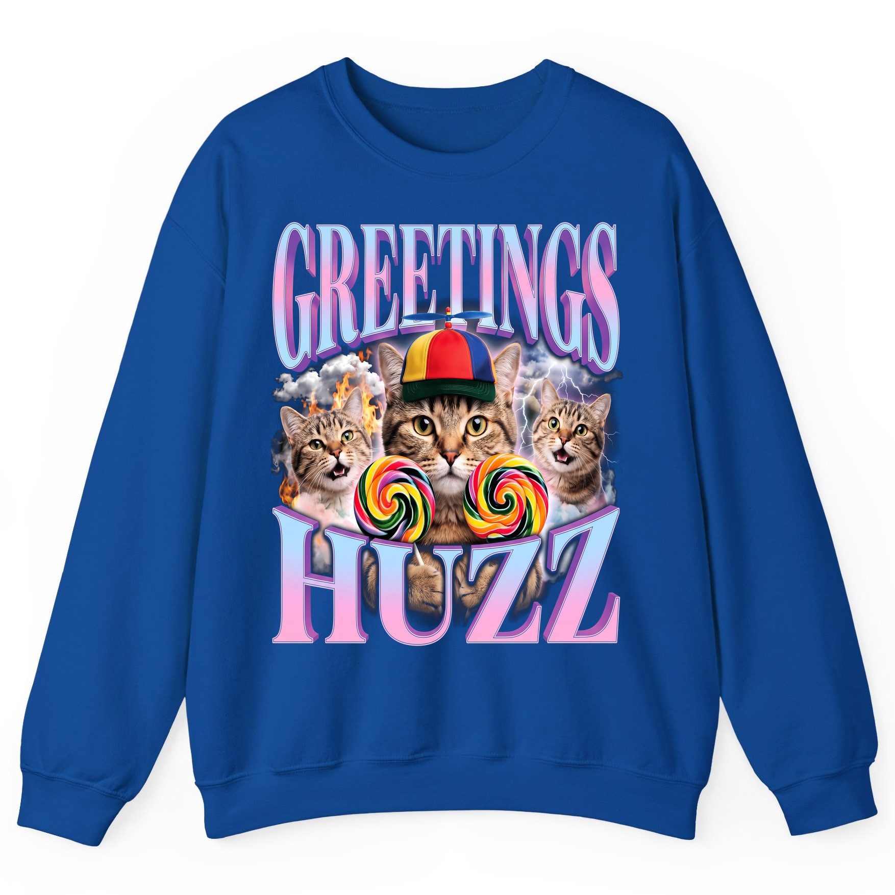 Greetings Huzz Funny Cats Sweatshirt - product mockup - Royal