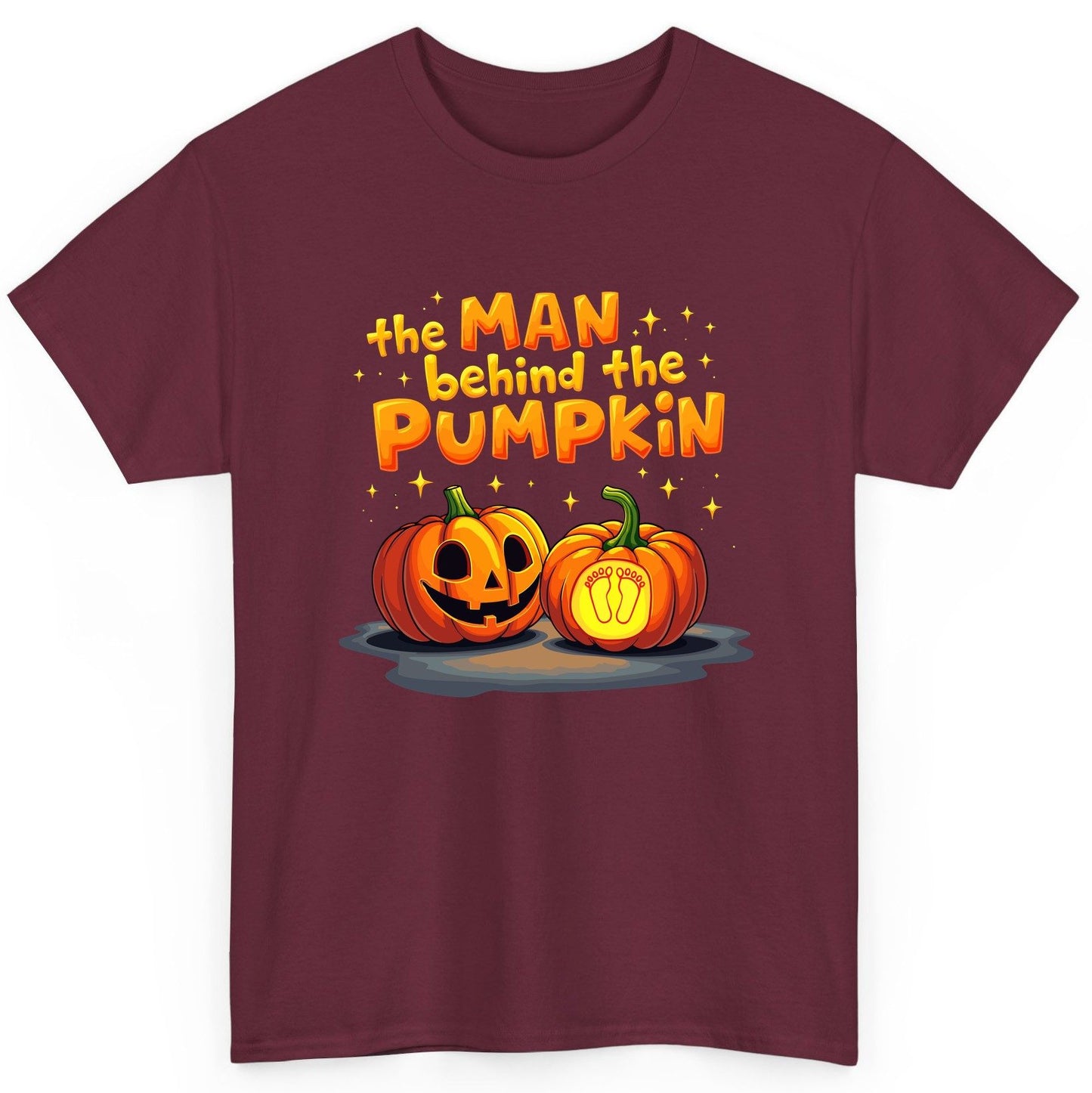The Man Behind the Pumpkin Halloween pregnancy announcement T-Shirt Maroon product mockup